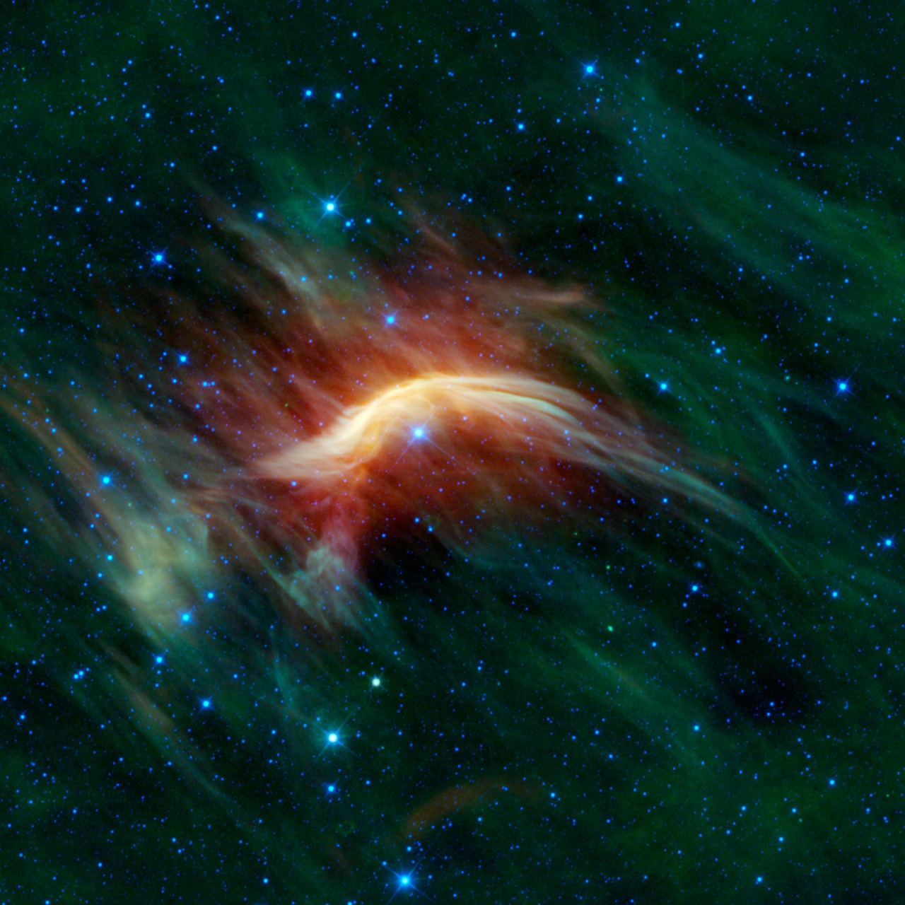 zeta ophiuchi, ausreißerstern, interstellare bugenwelle, wanderstern, sternenwind, stoßfront, grün, galaxie, sternenhimmel, weltall, universum, all, nachthimmel, himmel, weltraum, astronautik, nasa, raumfahrt, astronomie, wissenschaft, forschung
