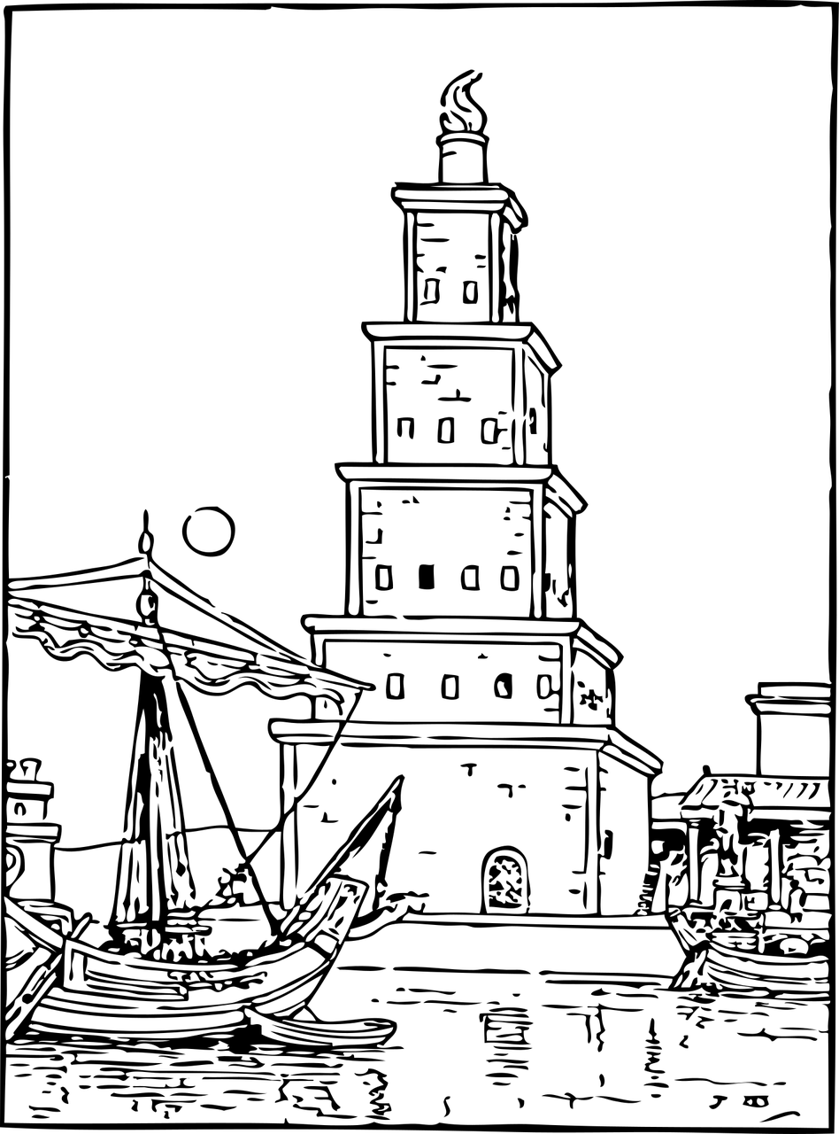 staroveký, maják, budova, lode, cestovanie, turizmus, oceánu, more, história, historický, symbol, biely, svetlé pozadie, čierna, obrysy, medzník, kotva, pobrežné, príroda, oblasť