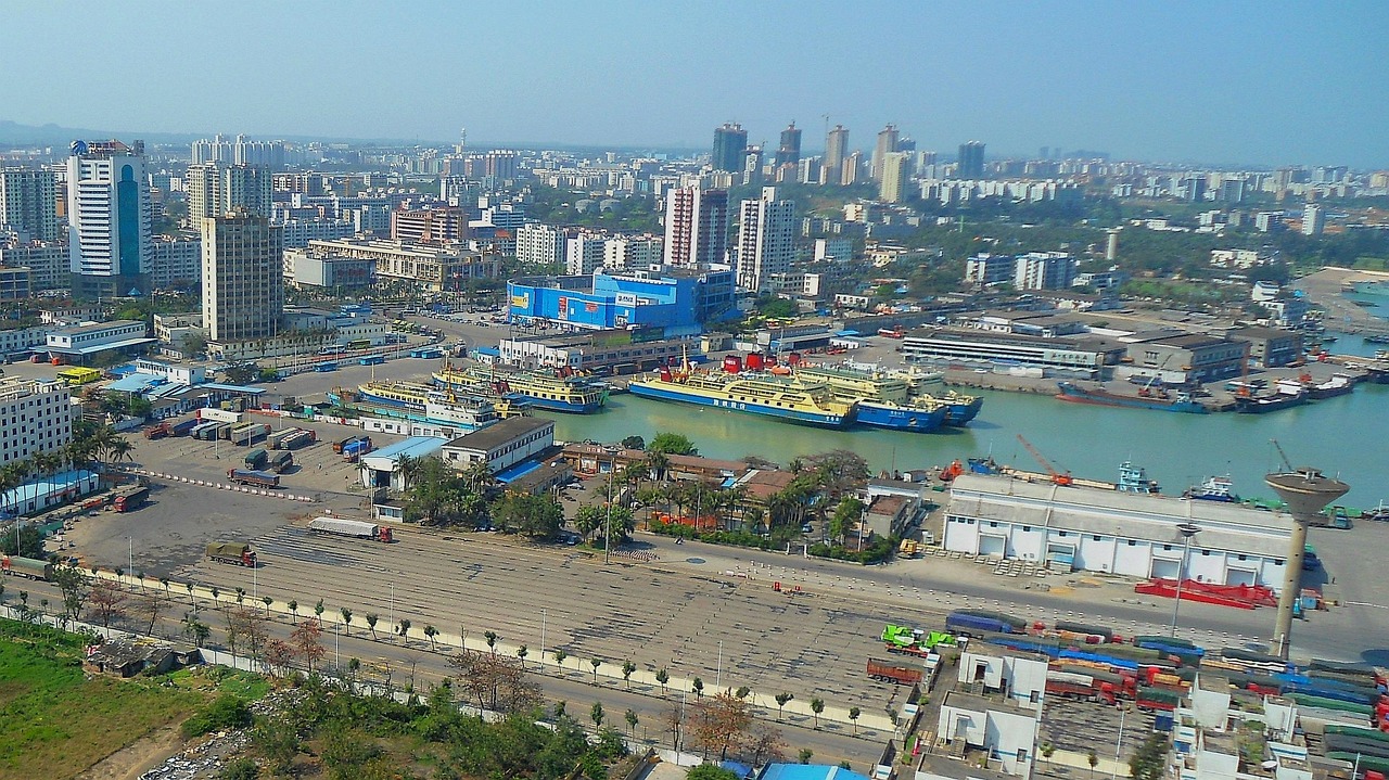 haikou, chiny, miasto, zatoka, port, woda, statki, łodzie, sylwetka na tle nieba, budynki, natura, miejski, miasta, droga, autostrada, molo, dok, poza, niebo, chmury
