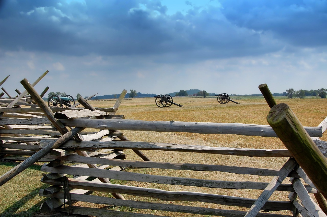 gettysburg, pennsylvania, slagveld, kanon, landschap, schutting, lucht, wolken, burgeroorlog, geschiedenis, historisch, mijlpaal, natuur, buiten, gebied, platteland