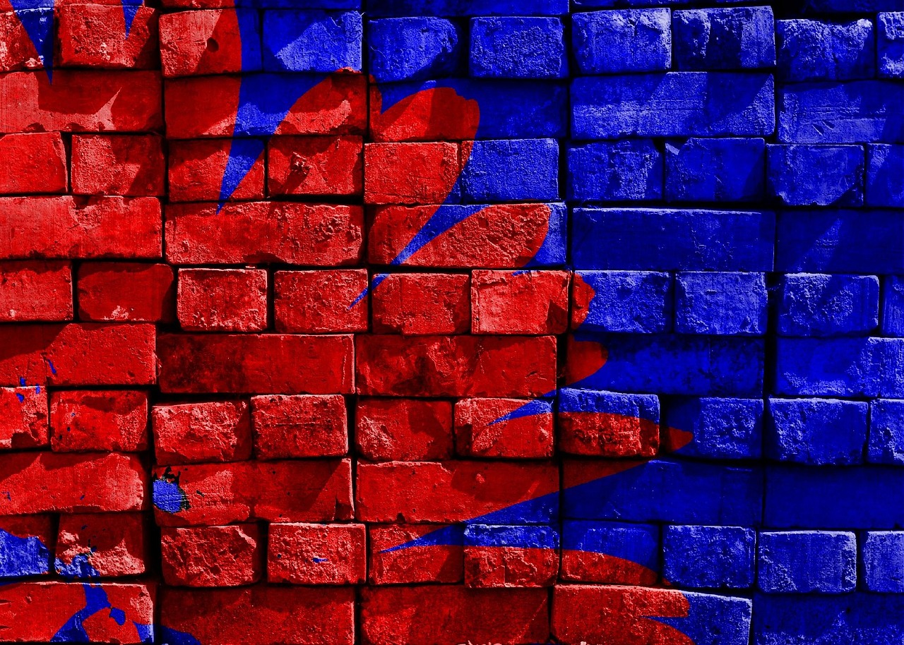 blau, rot, gemalt, ziegel, mauer, kunstwerk, kunst, hd-hintergrund, dekoration, bemalte wand, digitale manipulation, fotokunst, cool wallpaper