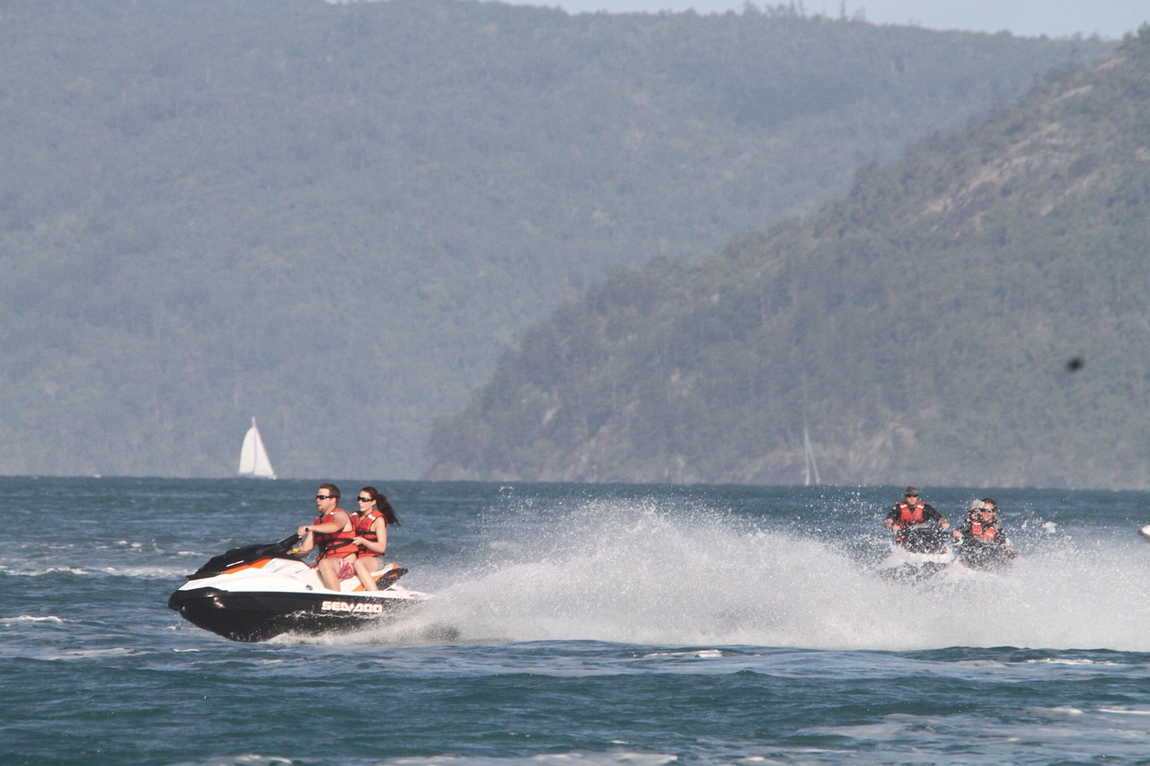wassermotorräder, jet-ski, jet-boot, kunststoff, wasserfahrzeuge, bordwand, jetski, jetboot, wassersport, great barrier reef, whitehaven beach, queensland, sonnenschein, australien, jetski, jetski, jetski, jetski, jetski