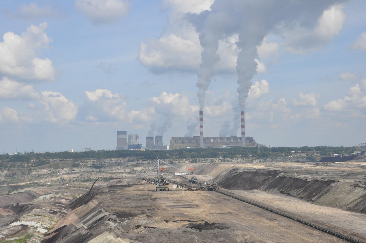 power station, mine, brown coal, zwałowisko, heap, view, earth, the destruction of the, nature, smoke, clouds, sky, chimneys, belchatow