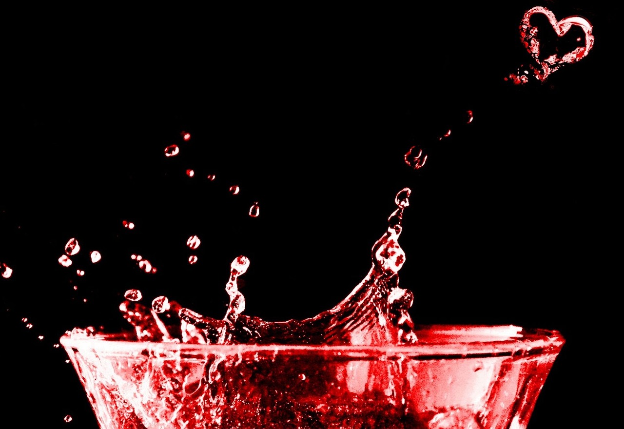 water, red, heart, glass, nature, splash, drops, spill over