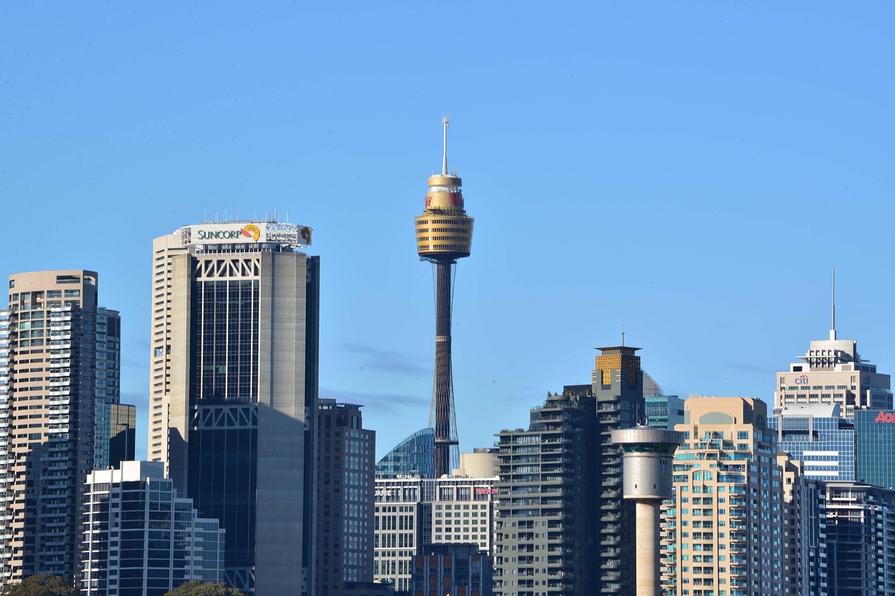 bygninger, tårn, skyskrabere, høj, skyline, himmel, blå, by, natur, bybillede, blå himmel, sydney, australien