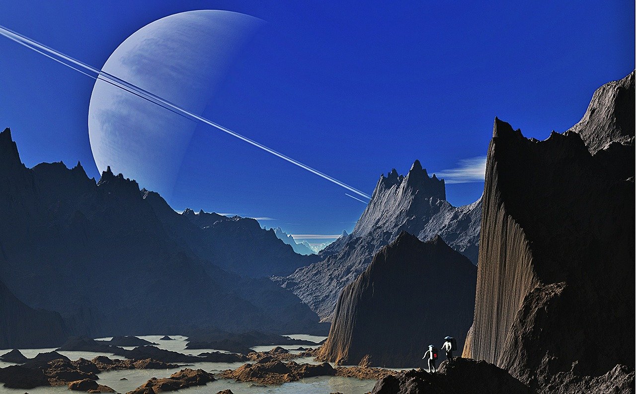 saturno, panorama, montanhas, montanhoso, desfiladeiro, mundo primitivo, paisagem primitiva, planeta anel, astronauta, astronáutica, viagem espacial, ficção científica, natureza, futuro, liquidação, karg, sozinho, inanimado