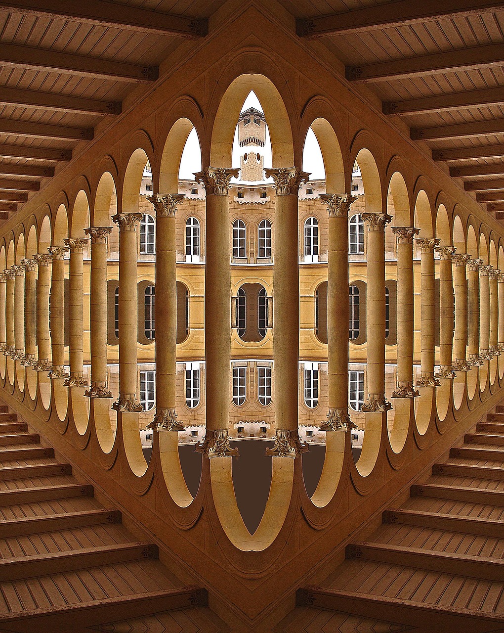 klášter, arkády, pilíře, symetrie, stíny, strop, podlaha, úklony, architektura, budovy a stavby, štíhlost, konstrukce, závorky, památník, expresivita, béžový