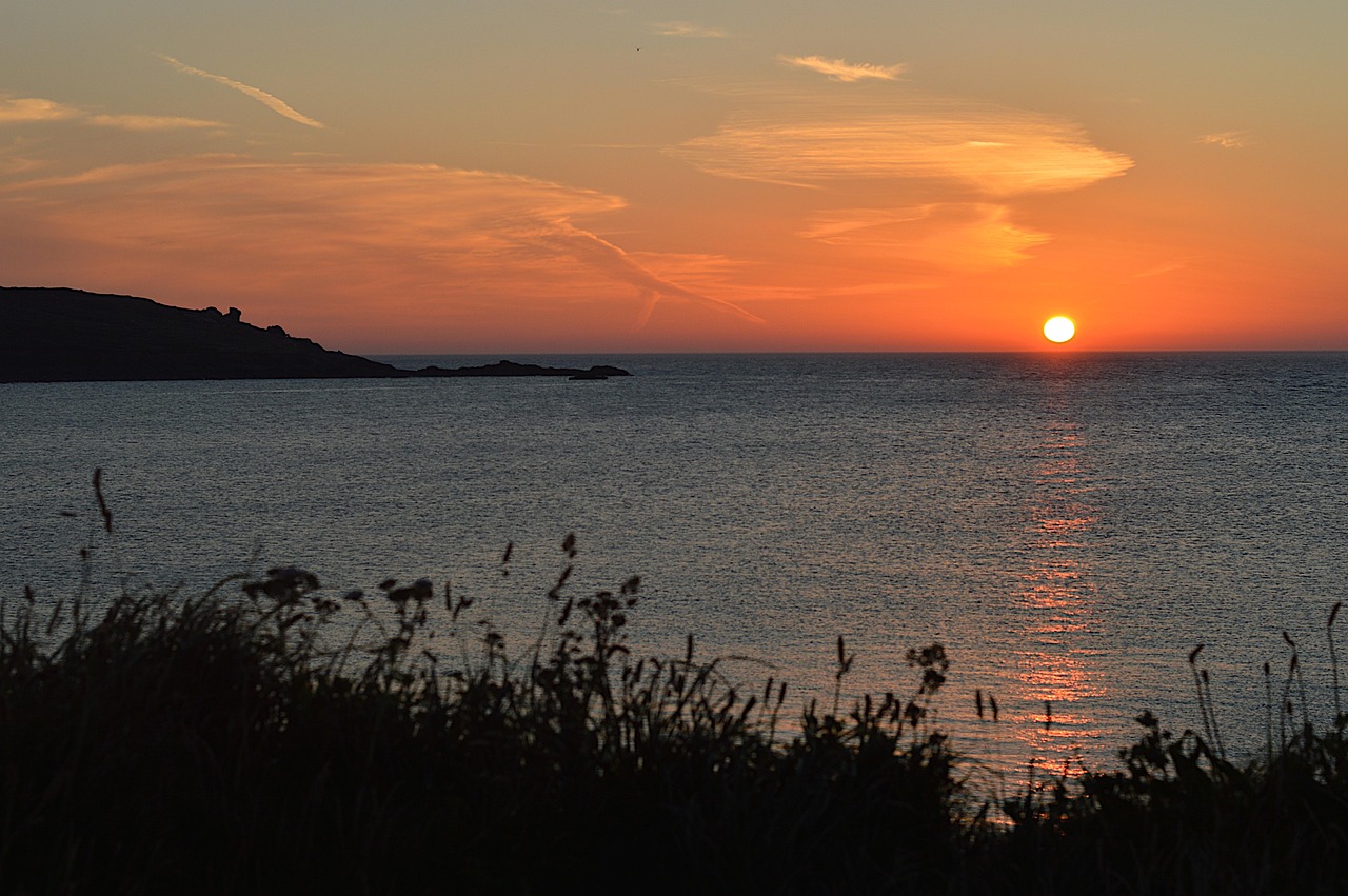 sunset, porthmeor, st ives, cornwall, red, beach, ives, sea, ocean, england, st, water, coast, sand, blue, resort, sky, holiday, uk, tide, british, english, atlantic, blue sky, nature, vacation, cornish, seaside, chapel, scenic, surf, island, shore, destination, landscape, coastline, tourist, rocks, white, summer, coastal