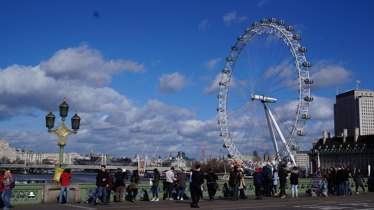 london eye, london, clouds, england, city, urban, united kingdom, darling, great britain, river, cities, blue, wheel, noria, landscape, capital, nature, eye, british, skyline, tourism, take a walk, people, bridge