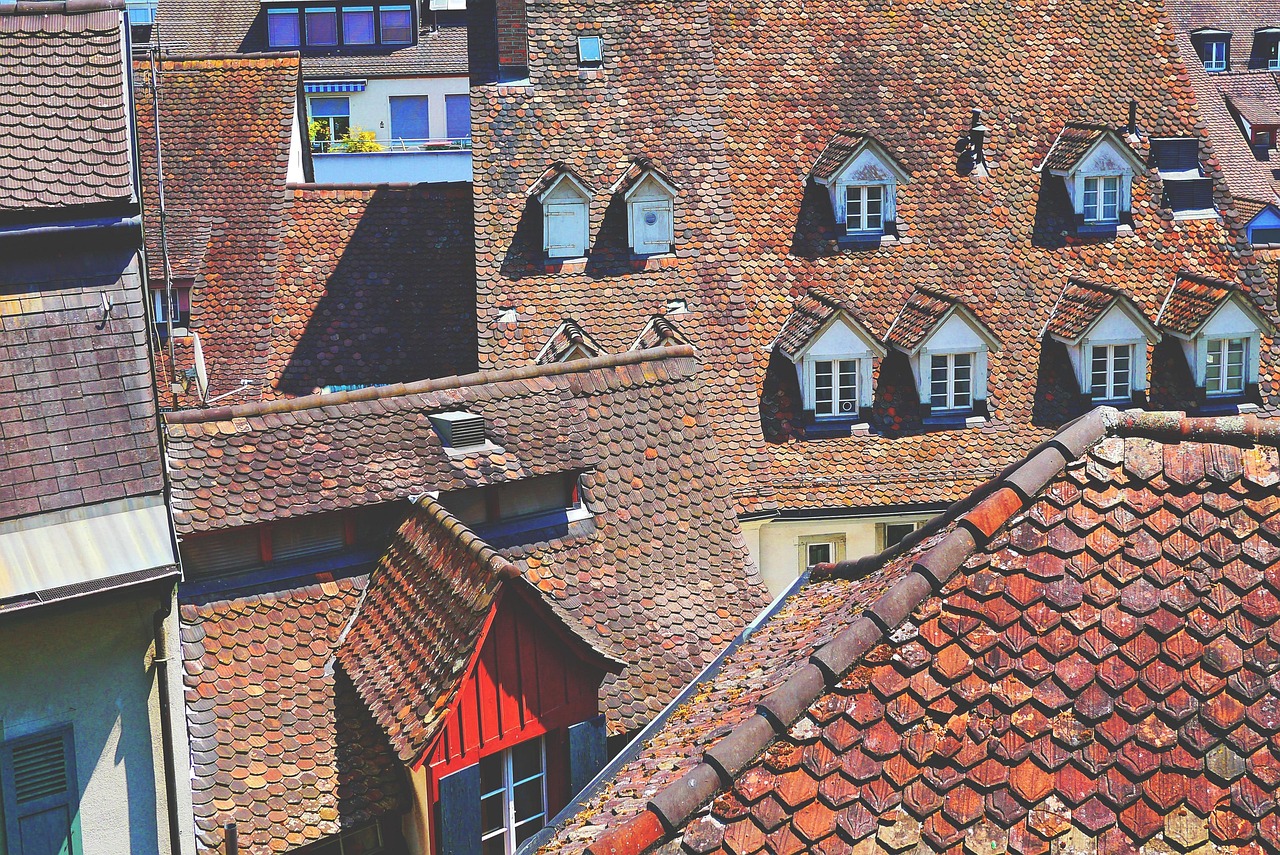 dach, dachówka, panele dachowe, cegła, czerwony, zadaszenie, dwuspadowy, struktura, osiedle, szczyt, budynek, perspektywy, historyczne centrum, śródmieście, miasto, tradycyjny, zagnieżdżone
