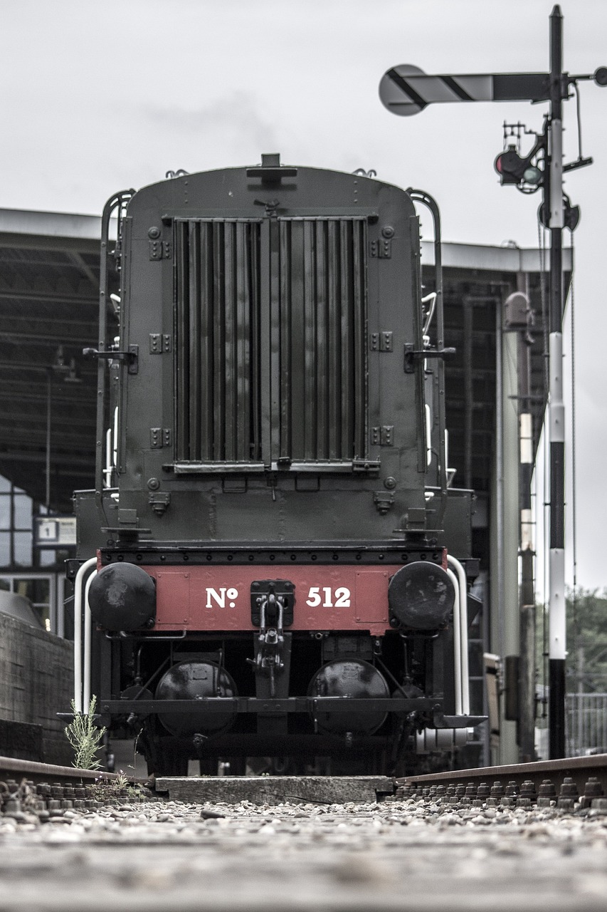 train, machine, rails, track, vintage, old, transport, railway, train track, tracks, blocked, iron, large, colossal, mighty, tough, robust, diesel, diesel train, dutch, dutch railways, dutch train, front, museum, railway museum, black and white, black, white, red, monster, signal, sleepers