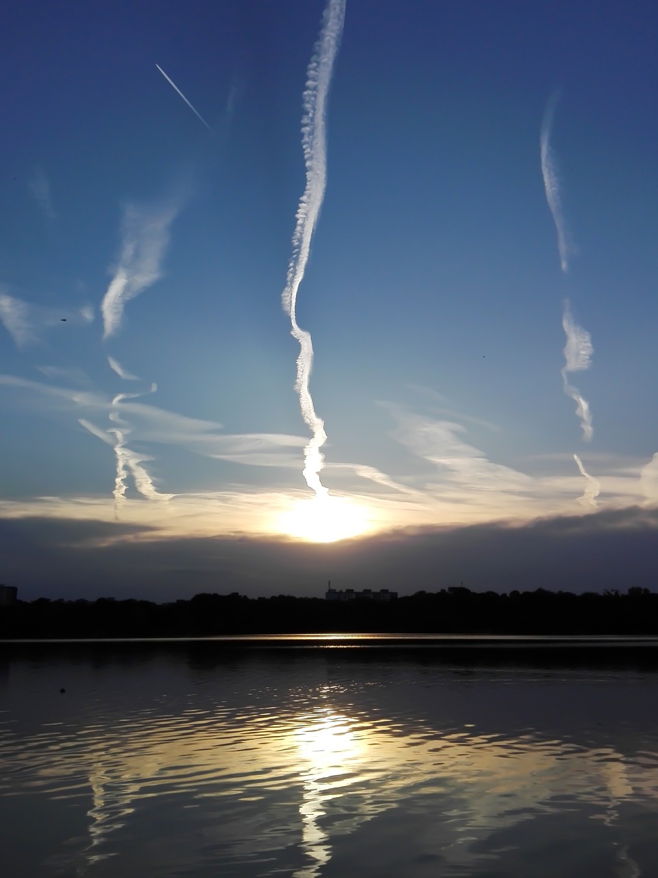 sky clouds, sunset, nature, lake, water, riverbank, contrails