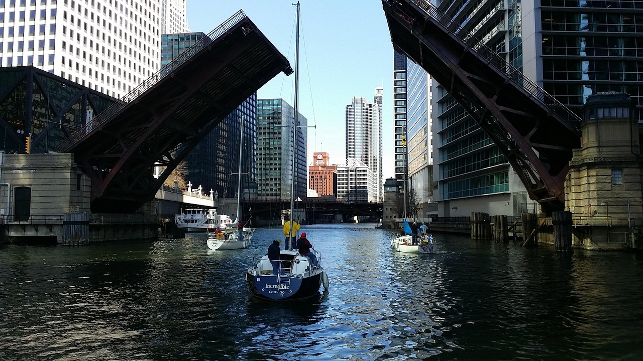 bro, chicago, centrum, arkitektur, bybillede, struktur, åben bro, båd, stor, by, moderne, høje bygninger, skyskrabere