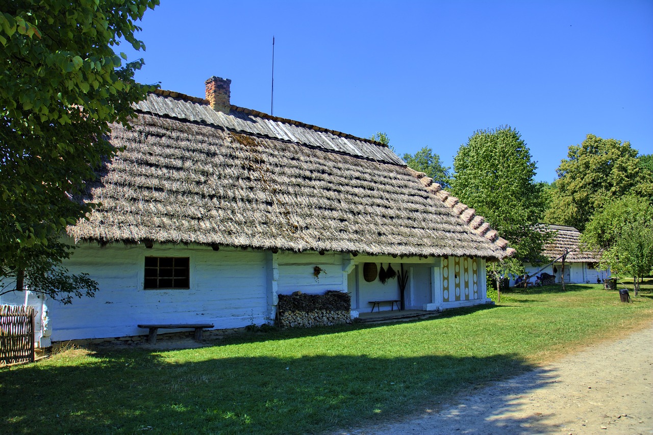 sanok, museo al aire libre, casa de campo, naturaleza, troncos de madera, el techo de la, polonia, viejo, arquitectura, casa rural, paja, casa de vacaciones, el museo, arquitectura rural, monumento, pueblo, hierba