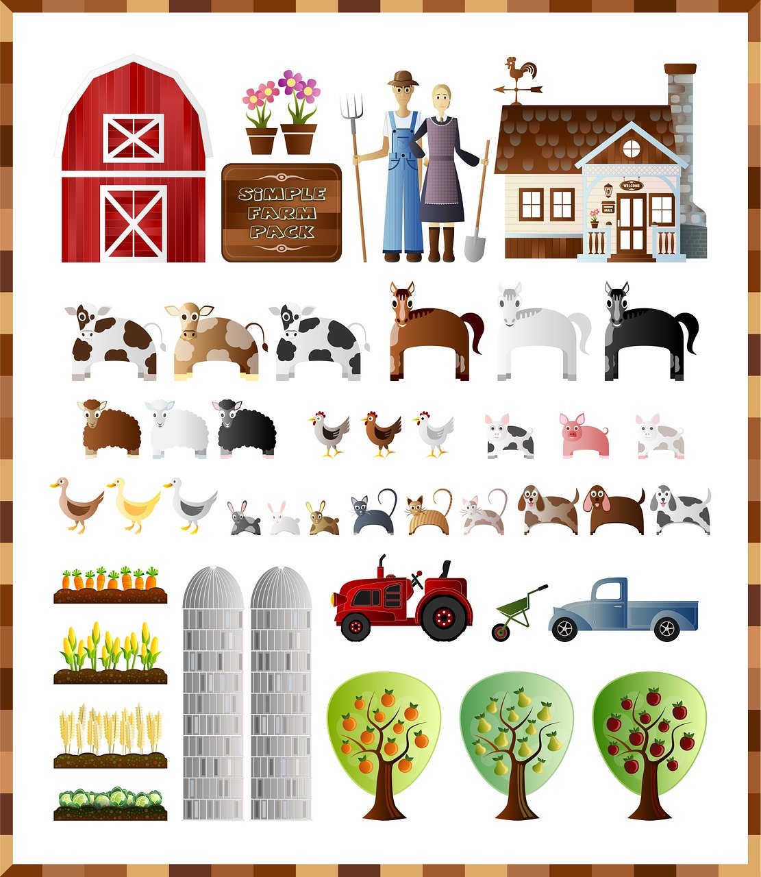 azienda agricola, pacchetto fattoria, set fattoria, contadino, fienile, fiore, vasi di fiori, animale, mucca, cavallo, pecora, pollo, maiale, coniglio, anatra, cat, cane, disegno, agricoltura, trattore, ruota carriola, carriola, camioncino, veicolo, casa di campagna, natura, costruzione, architettura rurale, nazione, mela, arancia, pera, silo, ritaglia, colture agricole, animale domestico, carota, mais, grano, cavolo, frutta, albero da frutta, alberi, albero di mele, albero di pera, arancio