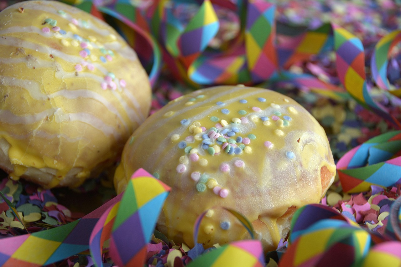donut, streamer, confetti, baked goods, carnival, meal, food