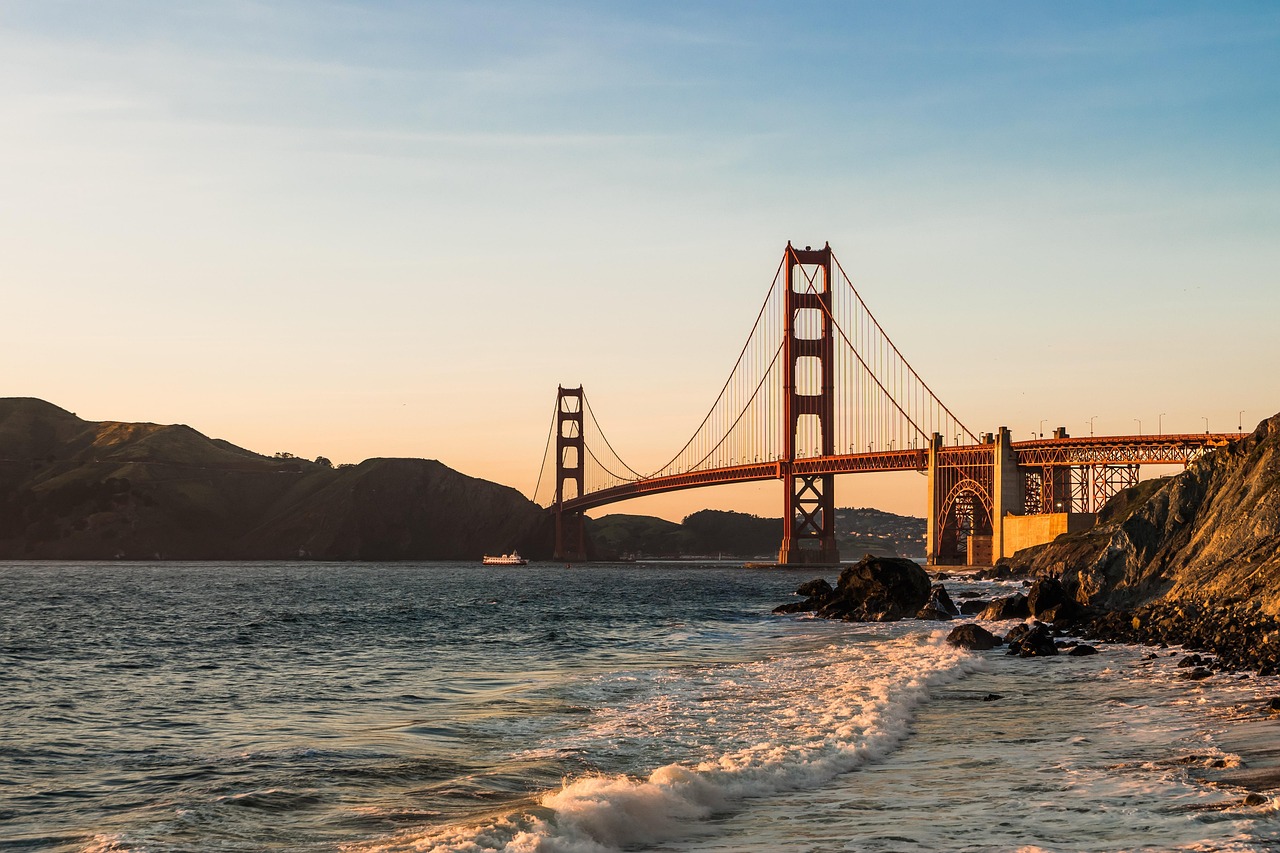 bridge, golden gate, sea, nature, sunset, mountain, united states of america, donkey