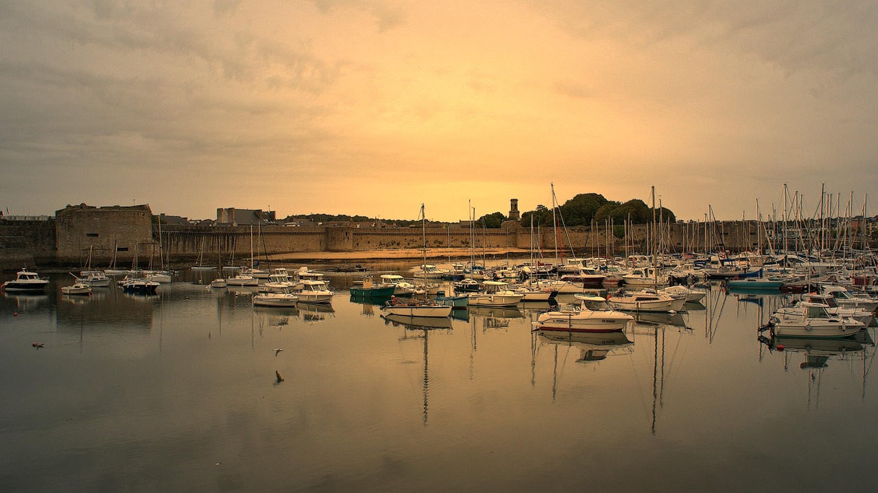 brittany, finistère, concarneau, rampart, boat, walled city, nature, sunset, port
