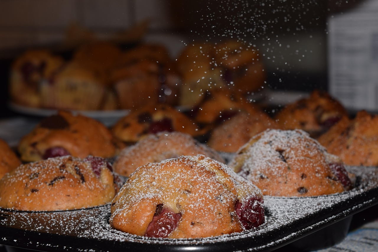 muffin, třešňový muffin, péct, čerstvý, báječný, jídlo, koláče, pečivo, pečené zboží, roztomilý