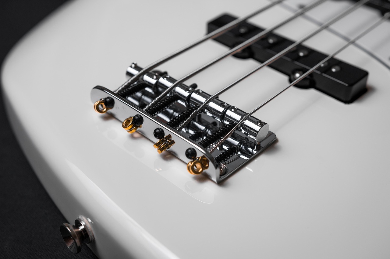 gitara basowa, gitara, instrument, e gitara basowa, instrument muzyczny, smyczki, muzyka, instrument strunowy, elektryczny, błotnik, przetworniki, ciało, szczegółowy strzał, biały, most
