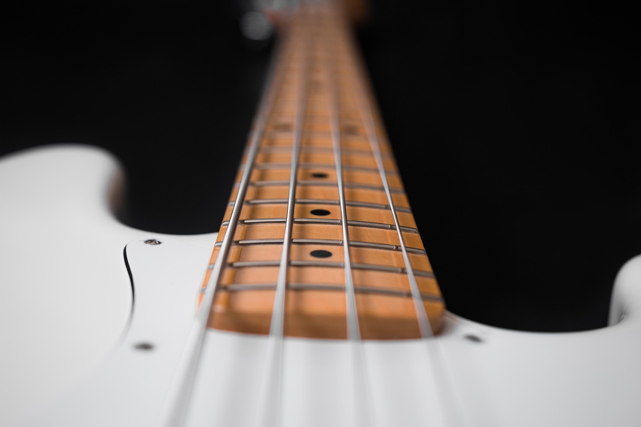 gitara basowa, gitara, instrument, e gitara basowa, smyczki, elektryczny, błotnik, szczegółowy strzał, instrument strunowy, instrument muzyczny, muzyka, biały, bas jazzowy, szyja, fingerboard