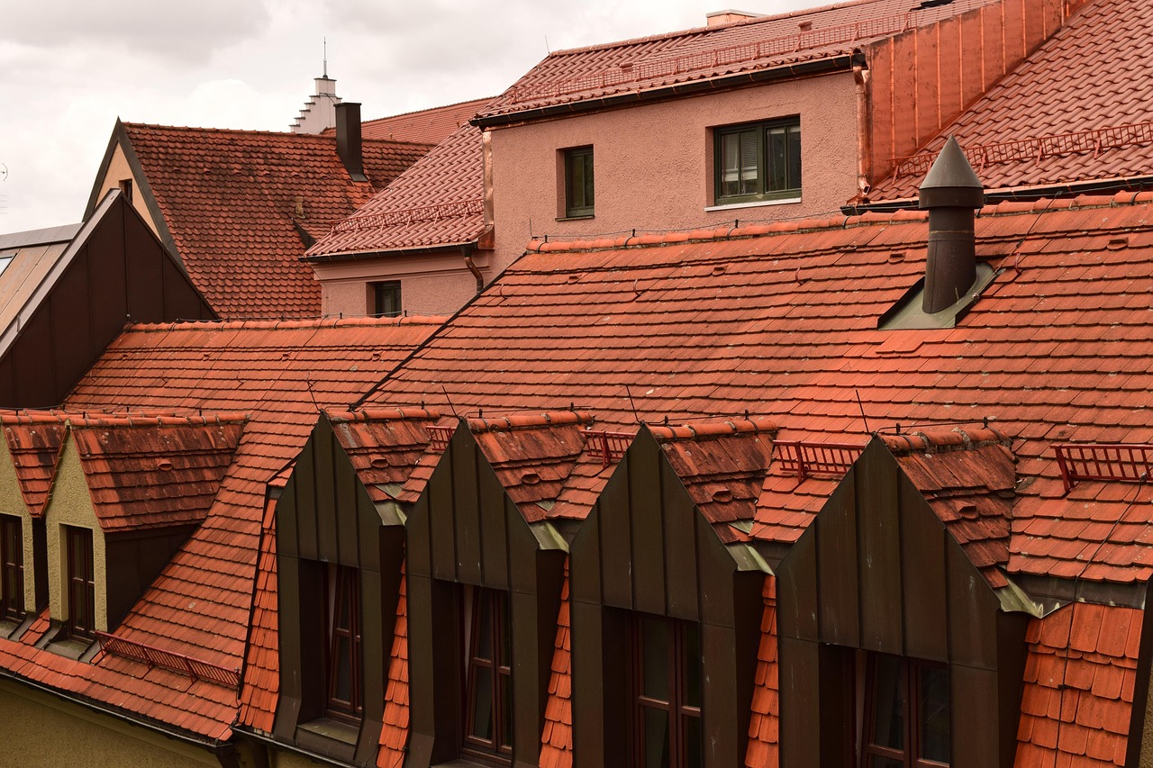 dachy domów, miasto, dachy, budynek, architektura, historyczne centrum, cegła, czerwony, dachówka, mansardowe, okno, zagnieżdżone