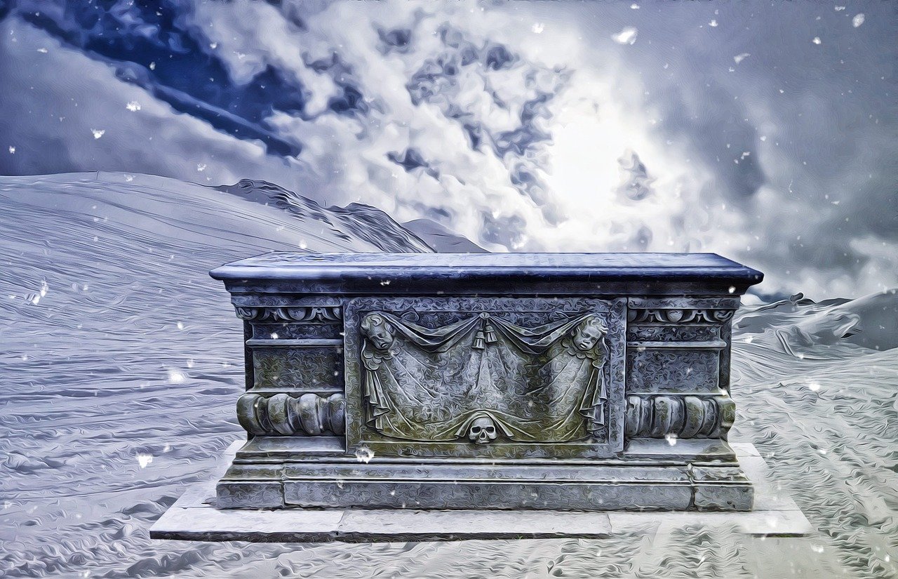 gothic, fantasy, dark, tomb, snow, gothic landscape, mystery, mysterious, nature, mountains, storm, tomb in the snow, gothic tomb, angels and skulls, blue fantasy, blue dark, blue skull, blue snow, blue tomb, blue storm, blue angel