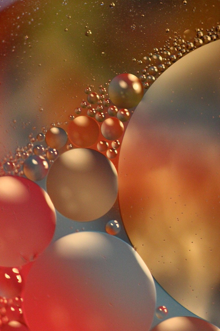artístico, macro, esferas, cor, reflexos, padrões, flutuando, óleo e água, gotas, elipses