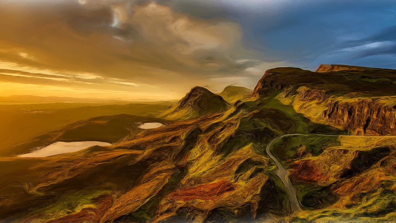 gemälde, ölgemälde, fotomalerei, landschaft, berge, sonnenuntergang, kunst, kunstwerk, kreativ, malerei, natur, tierportrait, digitale kunst