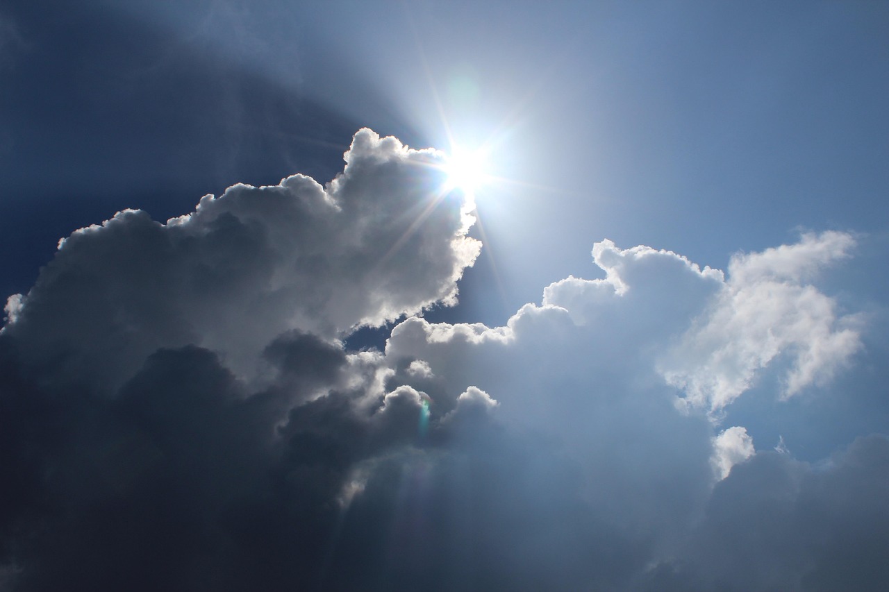 sun, cloud, emerge, sky, blue, sunlight, sun rays, nature, light, blue sky, silhouette, shine, sunbeam, blue sun, blue emergency