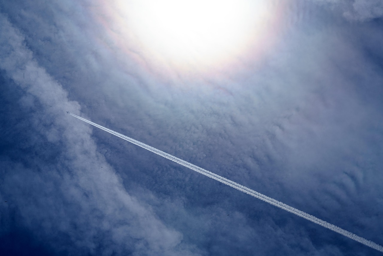 aeroplane, aircraft, airplane, clouds, contrail, flying, sky, nature, sun, blue airplane