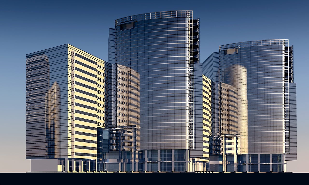 felhőkarcoló, épületek, magas, városi, szerkezet, város, építészet, várostervezés, láthatár, 3d, renderelés, modern építészet, kortárs építészet