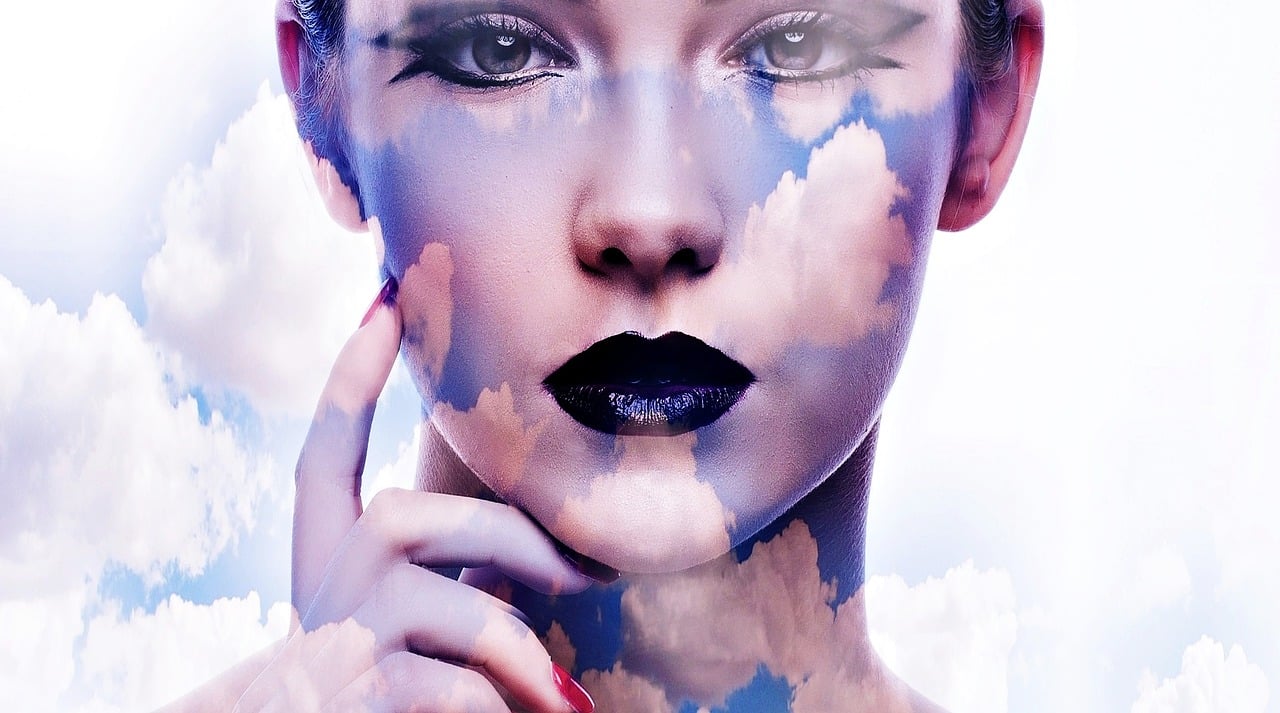 woman, heaven, clouds, blue, beautiful, mood, light effect, abstract, profile, nature, profile pic, human, modern, art, head, female, woman's head, view, face, facial expression, expression, expressive