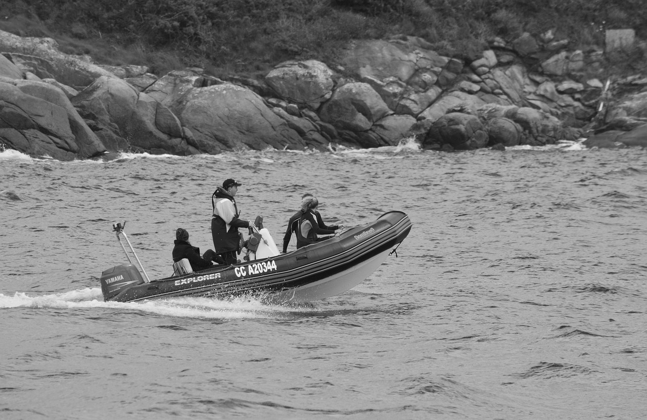 zodiac, pneumatic boat, motorboat, hobbies, water, boating, characters, holiday, transport, nature, pleasure, marine, navigation, black and white