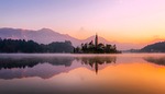 Church lake sunset panorama bled mirroring reflection water reflection dusk twilight afterglow island slovenia sunrise dawn historic landmark beautiful water reflections nature outdoors countryside nature wallpaper