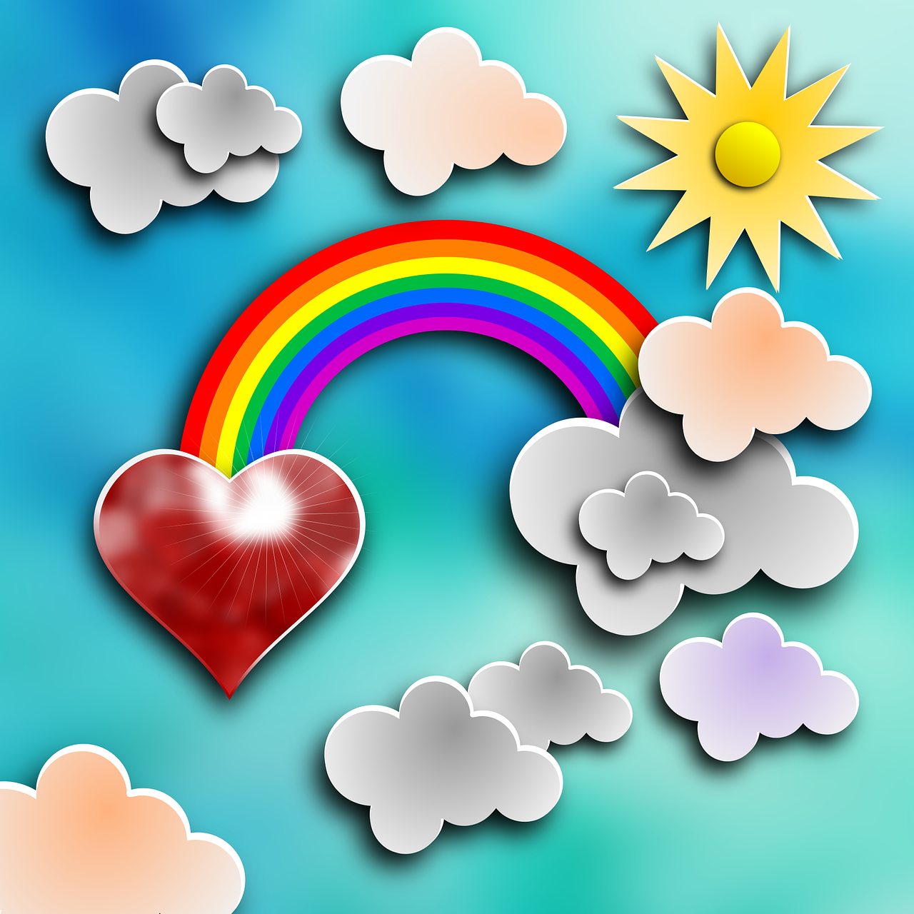 heart, feeling, ruby, rainbow, sun, clouds, sky, nature, landscape, childish, fantasy, blue, paper, 3d, shadows, indentations, colorful, background, free images, 3d wallpapers, free illustrations