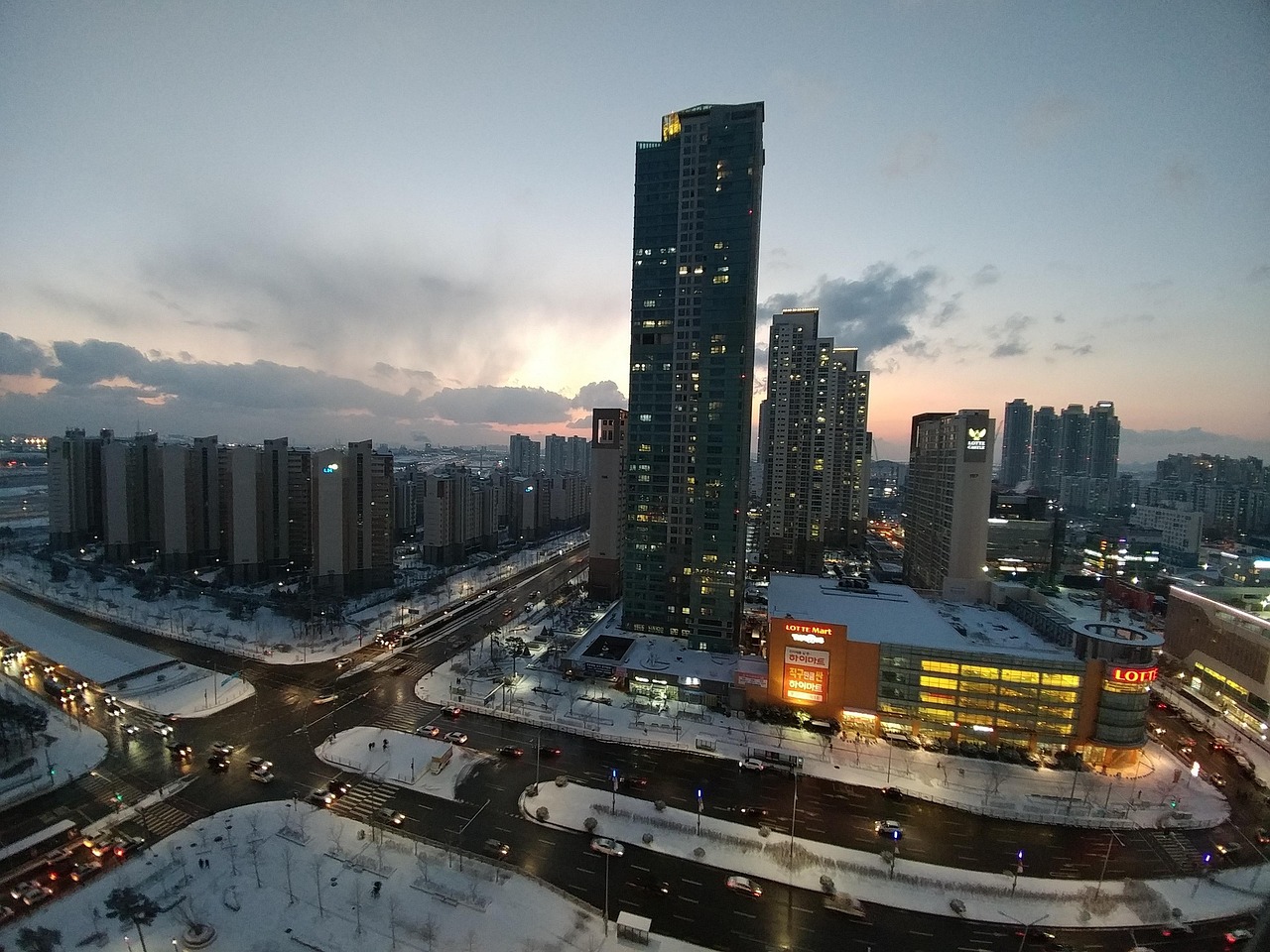 cheongna, incheon, téli, város, városkép, városi, horizont, korea, természet, napnyugta, épületek