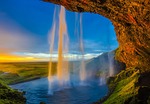 Iceland skogafoss waterfall falls cascade pool stream water sunset dusk landmark landscape cliff nature outdoors blue nature blue water blue landscape blue sunset blue waterfall blue natural