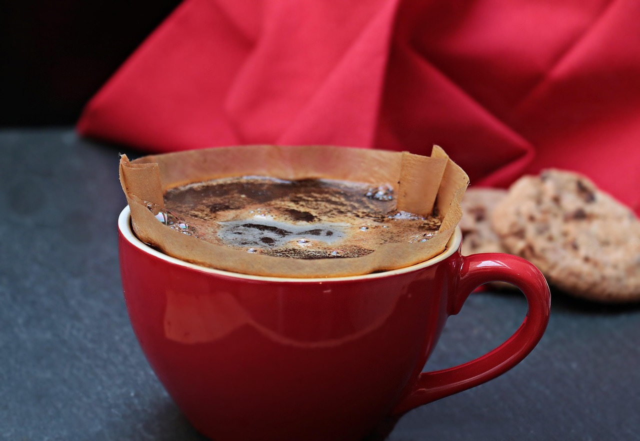 coffee pot, cup of coffee, filter, drink, aroma, cup, yummy, luxury items, dishes, coffee drink, caffeine, enjoyment, nature, porcelain, ceramic, paper filter, red, red cup, filter in the cup, coffee filter, coffee filter in the cup, water, napkin, red serviette, cookies, pastries