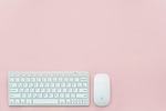 Keyboard mouse pink background workplace office desk office table empty computer home office background desktop flat lay
