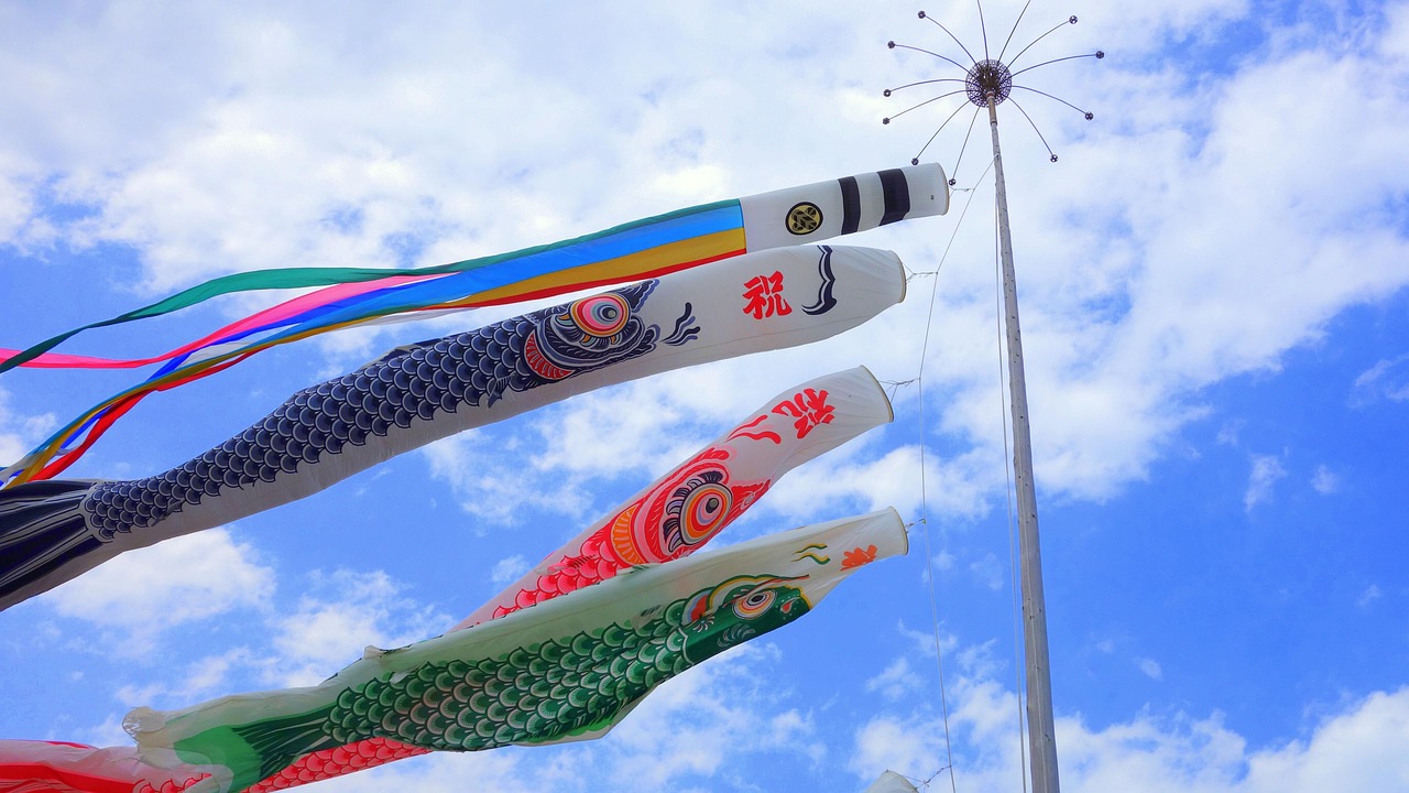 carp streamer, japan, blue sky, cloud, roof, landscape, nature, sky
