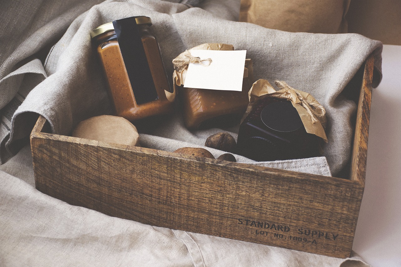 wooden, box, storage, cloth, food, mockup, bottle, brown bottle, brown box