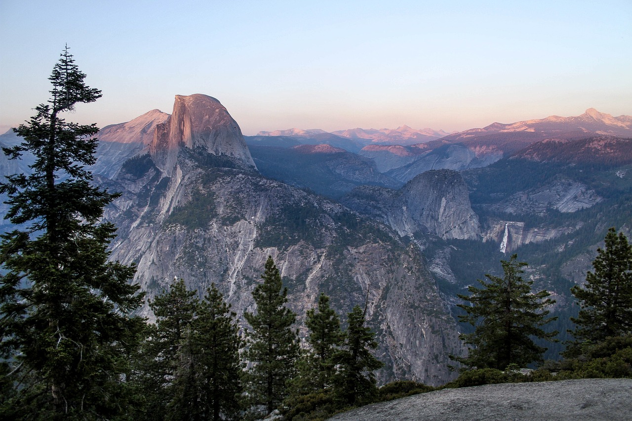 mountain, highland, valley, landscape, nature, trees, plants, sky, clouds, half, dome, sunset