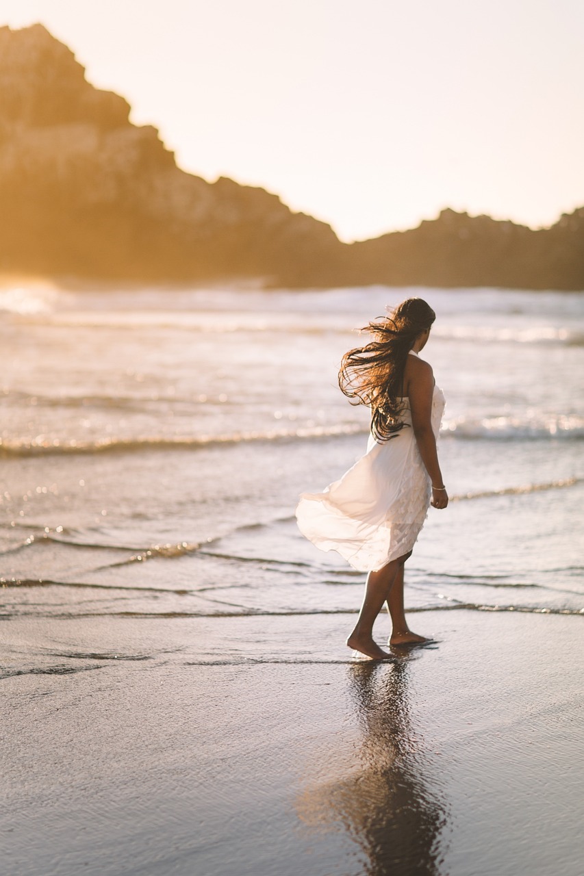 donna, spiaggia, mare, costa, oceano, acqua, ragazza, solo, onde, natura, alba