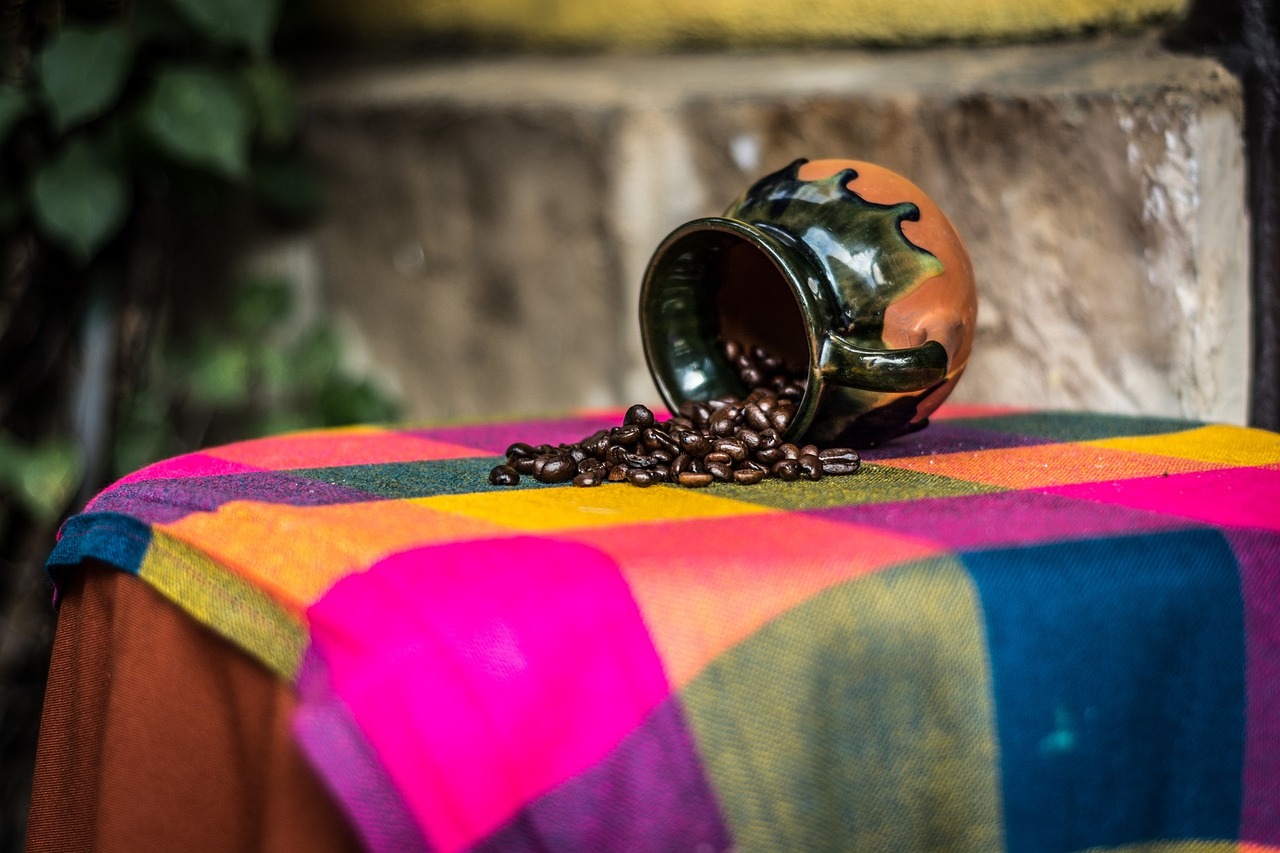 tisch, installieren, stoff, keramik, tasse, becher, natur, kaffeebohne, bunt, pflanze