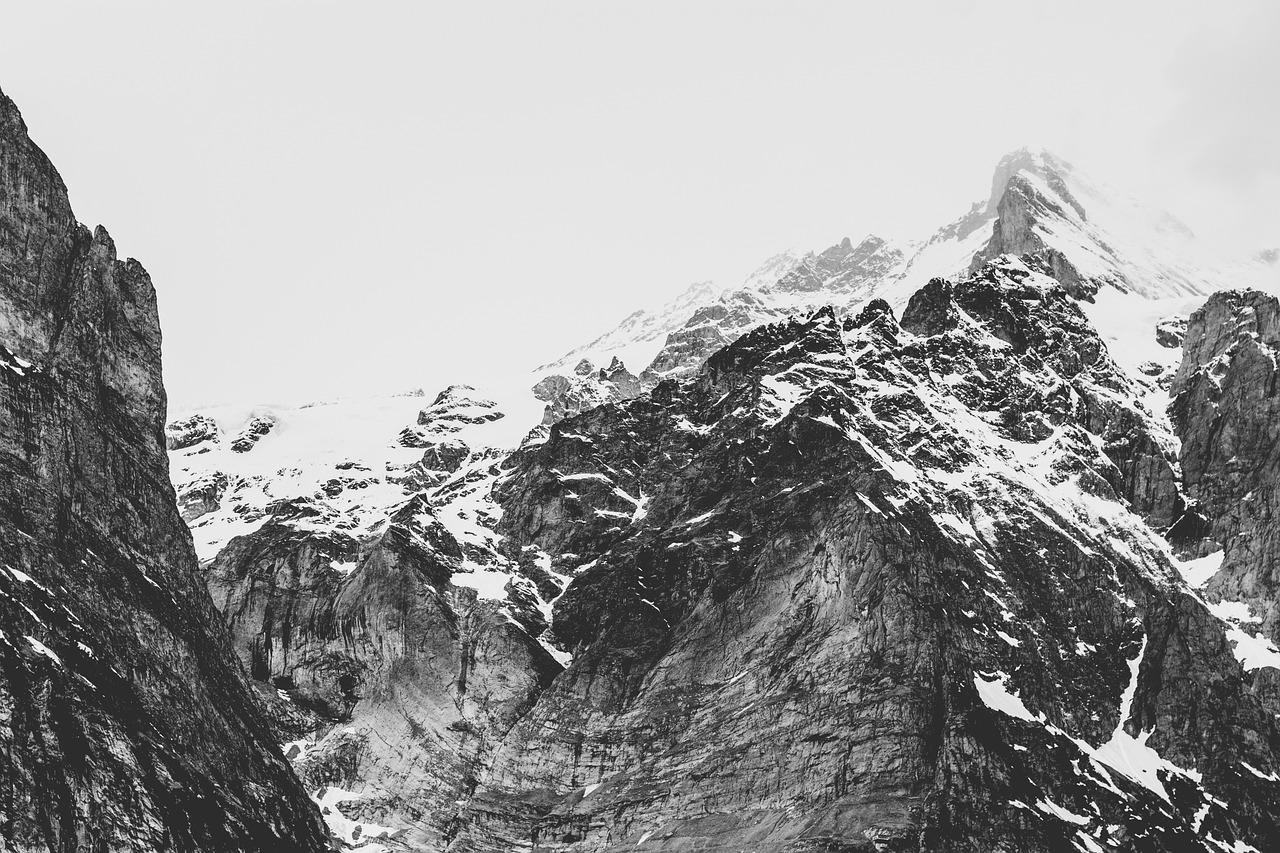 berge, natur, felsen, klippen, schnee, gipfel, schwarz und weiß