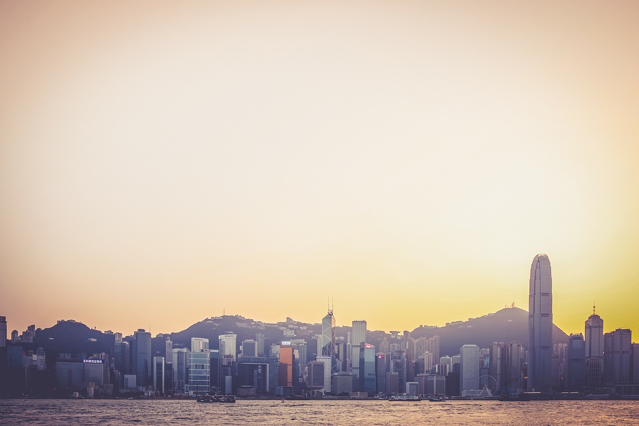 skyline, bybillede, hong kong, bygninger, høje stiger, skyskrabere, arkitektur, by, fe, både