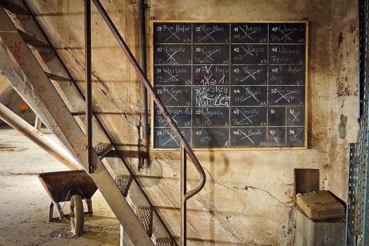 lost places, warehouse, board, slate, stairs, wheelbarrow, notes, wheat, rye, corn, grain, abandoned, pforphoto, old, decay, expired, past, building, dilapidated, shabby, broken, empty, old building, the atmosphere, architecture, dirt, transience, disintegrate, the end, ailing, mood, dilapidated, ruin, to forget, neglected, room, disintegration, ephemeral, destruction, destroyed, dirty, graffiti, weathered, wall painting, factory, industrial building, hall, dark, scary, grim, threatening, gruesome, wood, port, kontor, old kontor