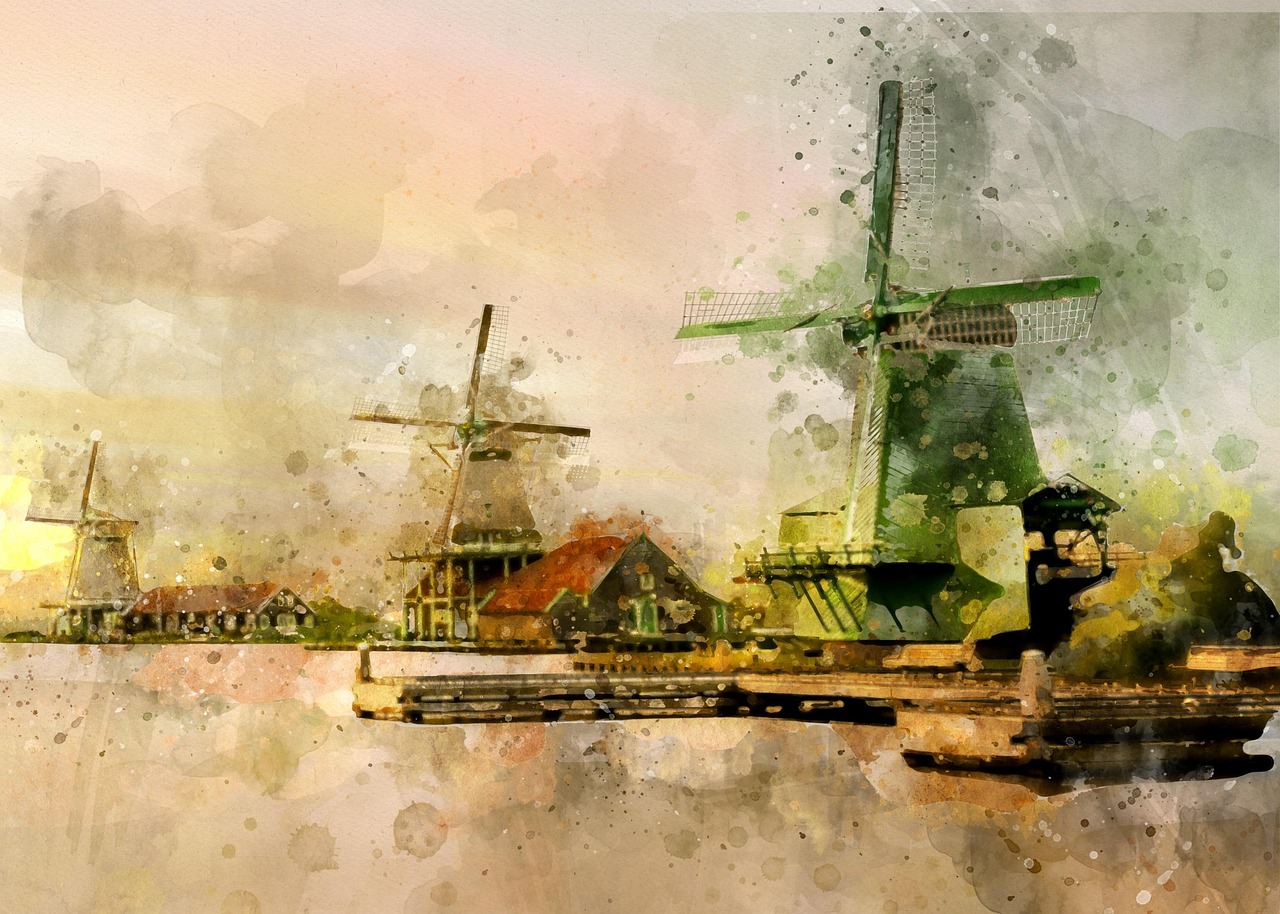 architecture, bridge, building, dawn, dusk, dutch, energy, grinder, lake, landscape, outdoors, nature, power, reflection, river, sky, sunset, technology, travel, water, wind, windmill, traditional, countryside, agriculture, netherlands, europe, landmark, tourism, traditional dutch windmill, digital painting, digital manipulation, digital art