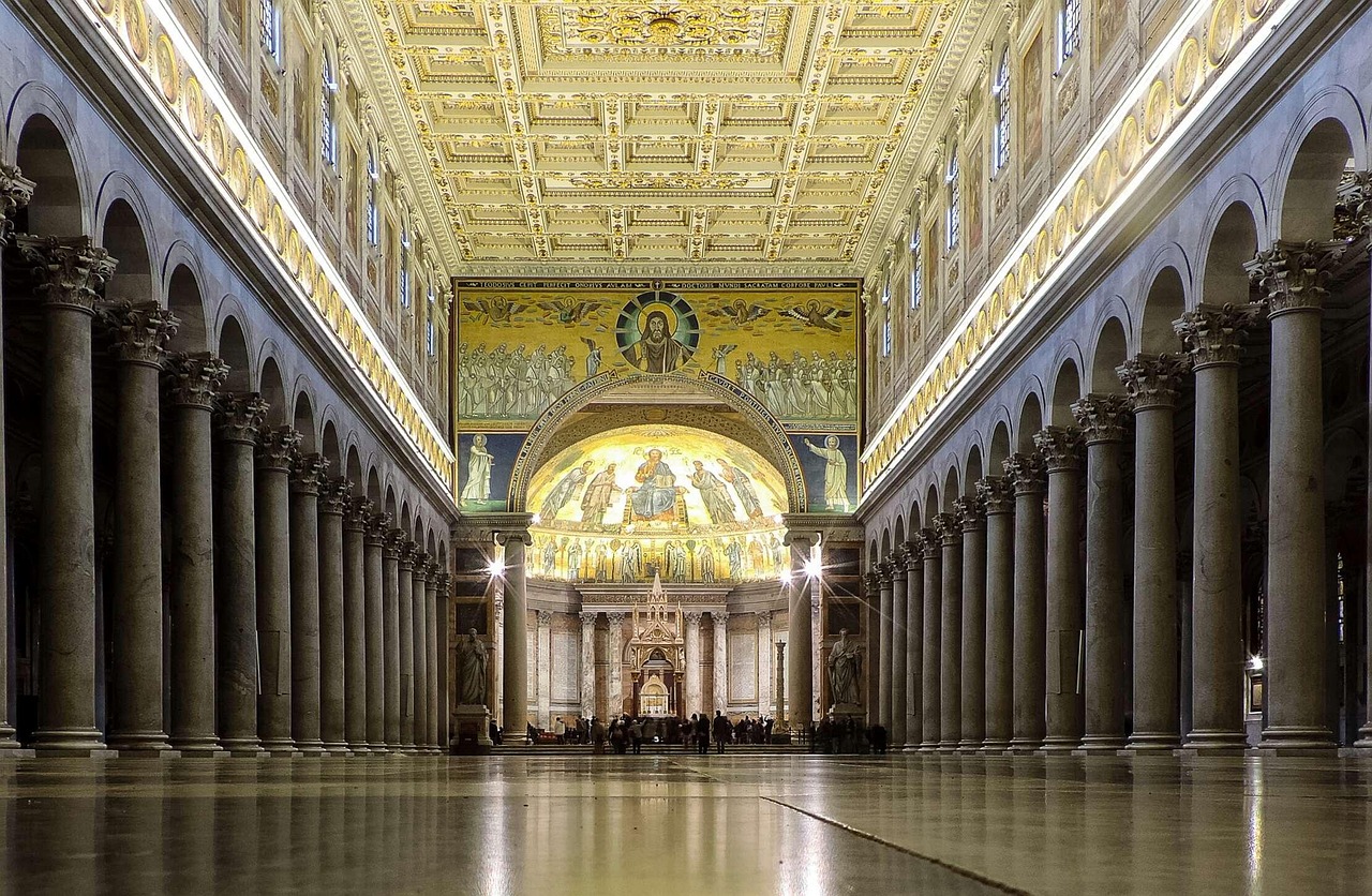 rím, lazio, taliansko, bazilika, bazilika sv pavol mimo steny, bazilika sv pavol, architektúra, kostol, stĺpce, kolonáda, apsida, reflexy, náboženstvo, viera, história, budova, náboženské budovy, vnútri kostola, vo vnútri baziliky, žiadna osoba, stĺpci, strop, cestovať, vo vnútri, podpora nosnej konštrukcie